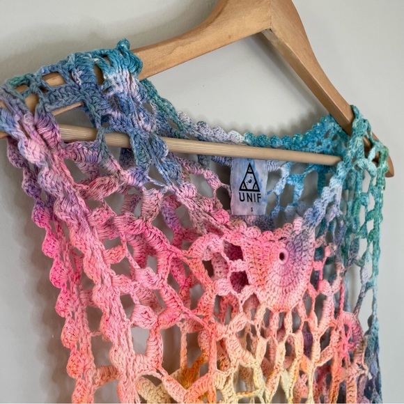 UNIF Sleeveless Knit Granny Square Doily Afghan Ice Dye Rainbow Tunic Top Dress - Picture 3 of 4